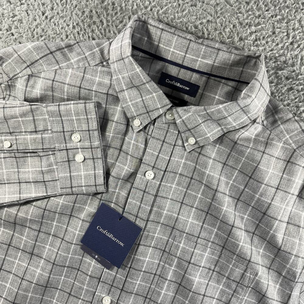 NWT Croft & Barrow Easy Care Shirt Mens L Gray Plaid Long Sleeve Button Down